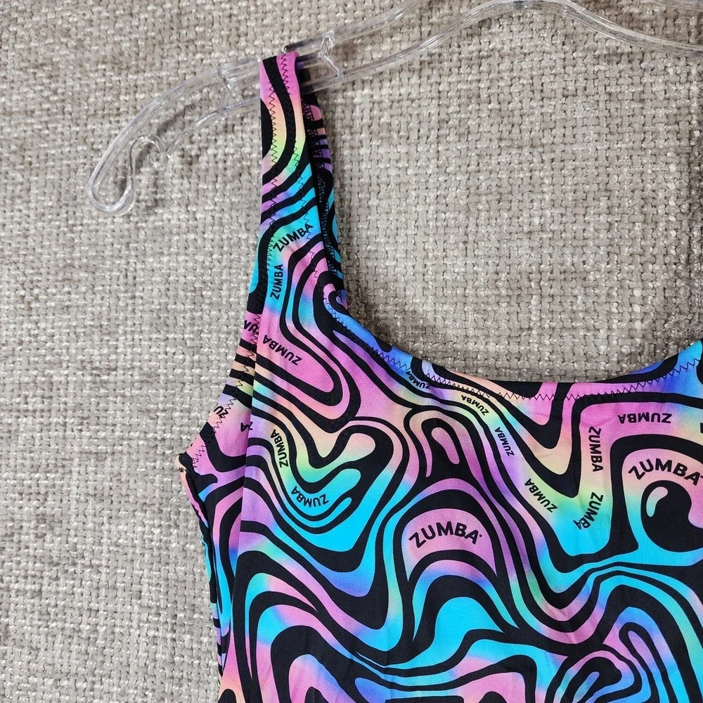 Zumba Swim One Piece Swimsuit Womens Small Multicolor‎ Swirl Lined Shelf Bra NWT